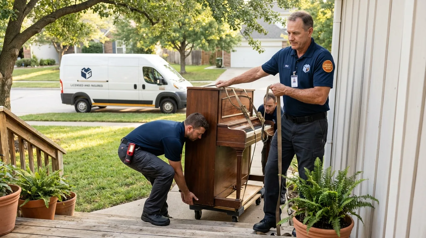 Licensed piano movers securing grand piano in Waverly, TN