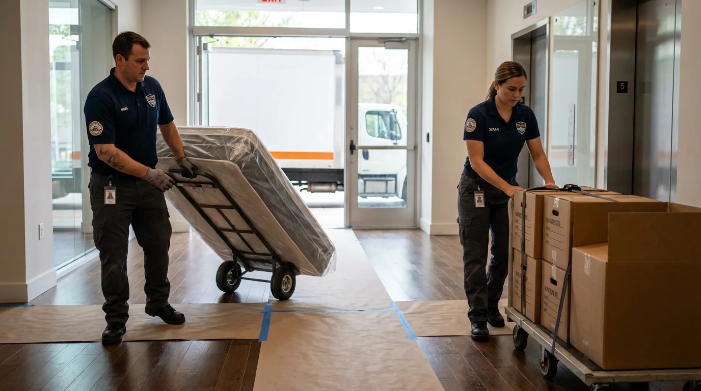 Professional apartment movers loading elevator in Waverly, TN